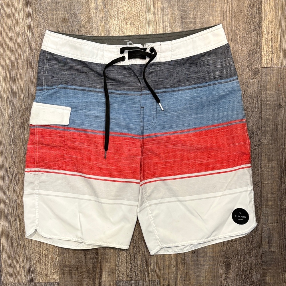Rip Curl Men's Striped Red, Blue, and White Board Shorts Size 31